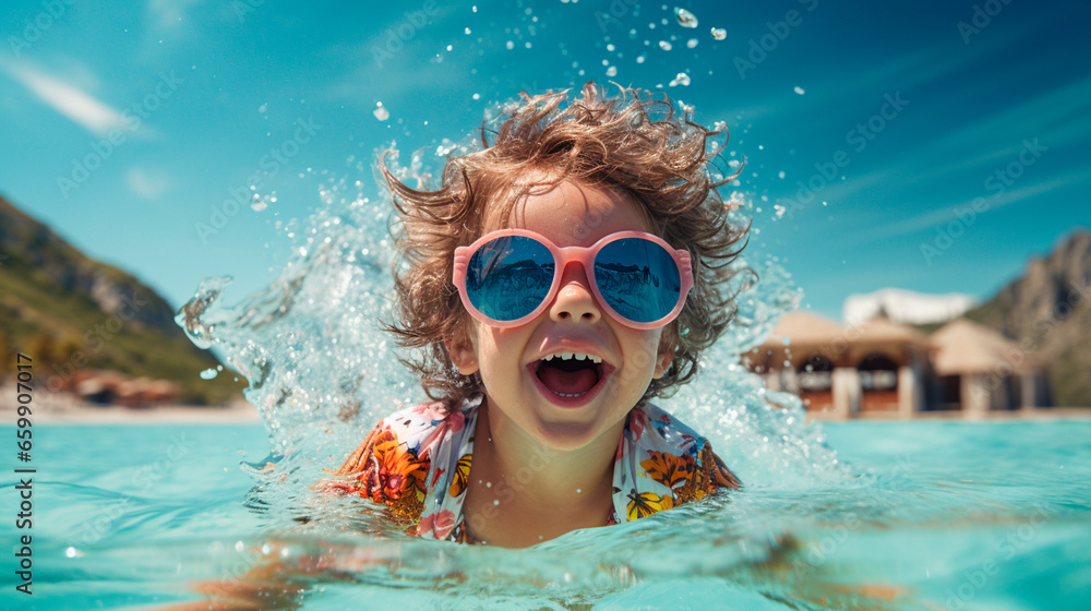 Fototapeta premium A child in sunglasses swims in the sea. Generative AI.