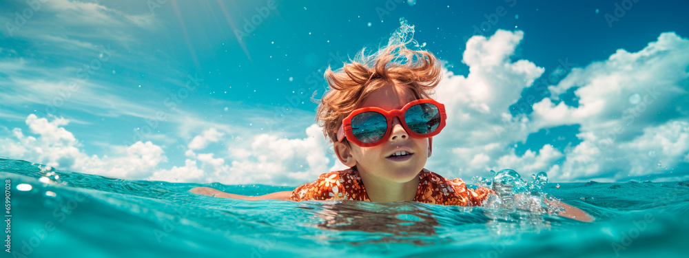 Naklejka premium A child in sunglasses swims in the sea. Generative AI.