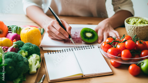 A man writes a meal plan with vegetables. Generative AI.