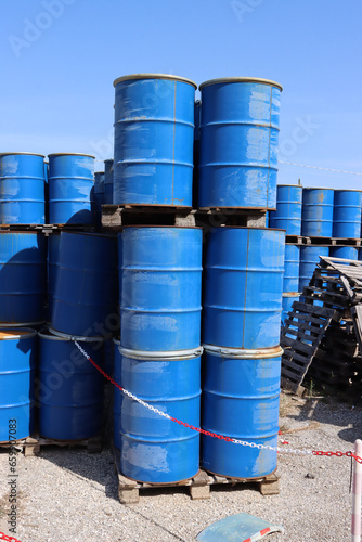Blue drums for storing radioactive materials in a contaminated site