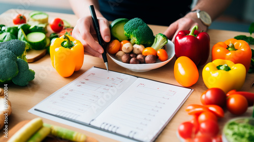 A man writes a meal plan with vegetables. Generative AI.