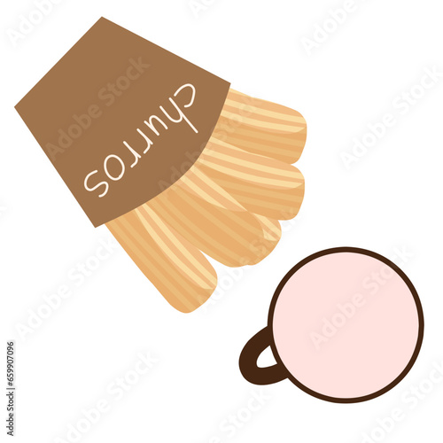 Illustration churros with strawberry chocolate coffe