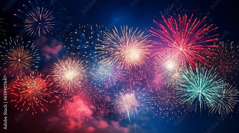 Fototapeta premium Colorful vibrant fireworks on a dark sky background. New Year's Eve concept
