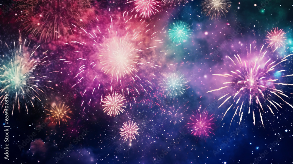Fototapeta premium Colorful vibrant fireworks on a dark sky background. New Year's Eve concept