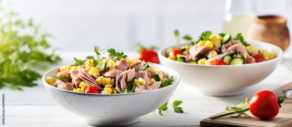 Two servings of fresh pasta salad with tuna cucumber sweetcorn on a wooden table With copyspace for text