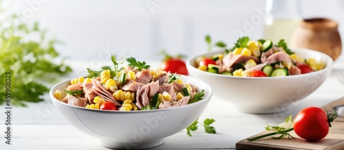 Two servings of fresh pasta salad with tuna cucumber sweetcorn on a wooden table With copyspace for text photo