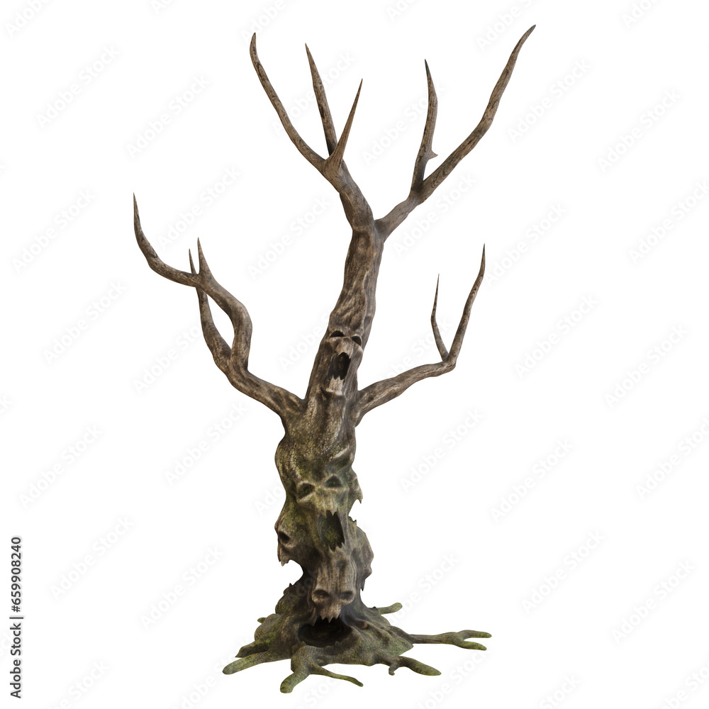 A 3d rendered illustration of a Halloween tree with screaming faces carved on the trunk A 3d rendered illustration of a Halloween tree with screaming faces carved on the trunk