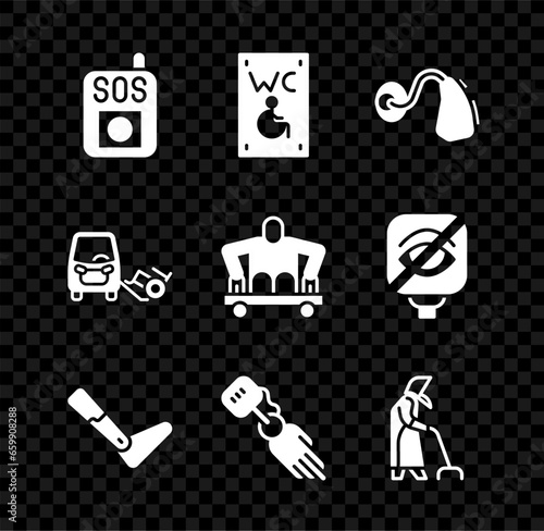 Set Press the SOS button, Separated toilet for disabled, Hearing aid, Prosthesis leg, hand, Grandmother, Disabled car and Man without legs sitting wheelchair icon. Vector