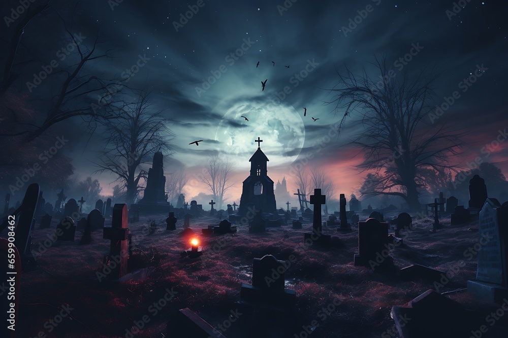 Spooky halloween scene with cemetery and moon in the background