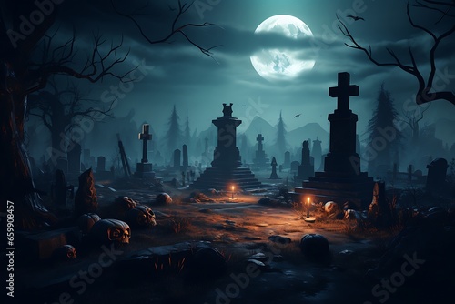 a spooky and creepy  cemetery at night. Fear and horror concept
