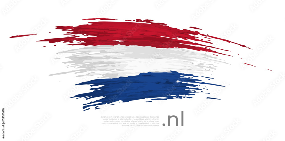 Netherlands flag brush strokes, grunge. Holland flag colors stripes on white background. Vector stylized national poster design, template. Place for text. Tricolor. State dutch patriotic banner, flyer Netherlands flag brush strokes, grunge. Holland flag colors stripes on white background. Vector stylized national poster design, template. Place for text. Tricolor. State dutch patriotic banner, flyer