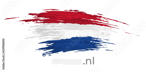 Netherlands flag brush strokes, grunge. Holland flag colors stripes on white background. Vector stylized national poster design, template. Place for text. Tricolor. State dutch patriotic banner, flyer