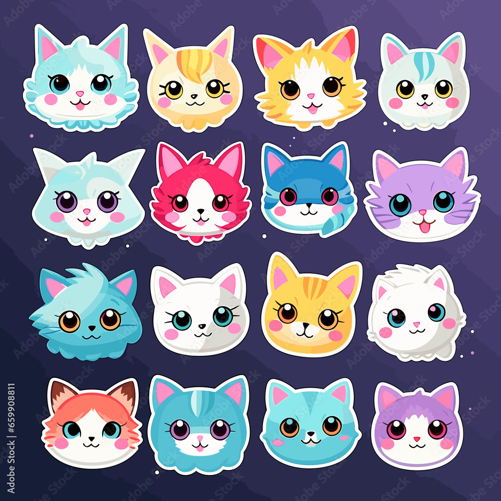 Collection of cute cartoon cats in a style of anime children stickers Collection of cute cartoon cats in a style of anime children stickers