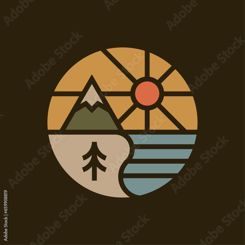 Mountain outdoor adventure circle emblem badge illustration