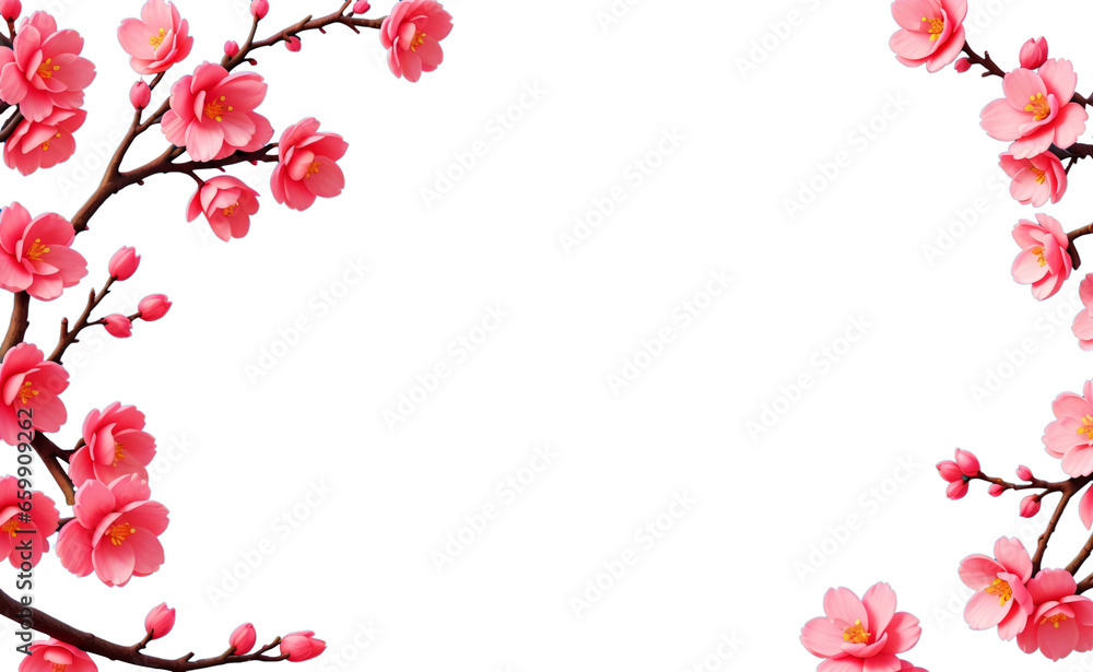 Pink cherry blossom branches frame on transparent background. 