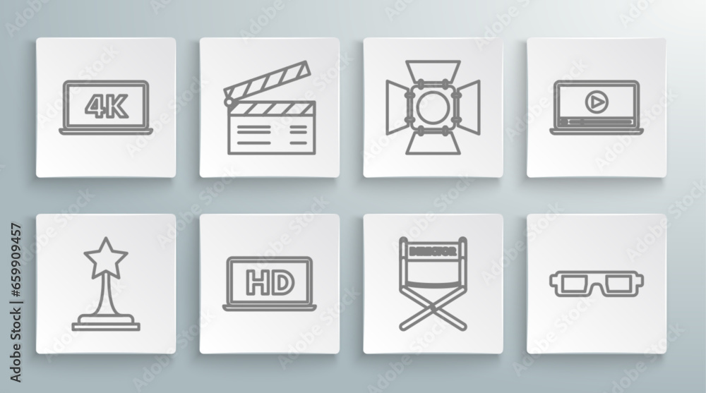 Set line Movie trophy, clapper, Laptop screen with HD video technology, Director movie chair, 3D cinema glasses, spotlight, Online play and 4k icon. Vector Set line Movie trophy, clapper, Laptop screen with HD video technology, Director movie chair, 3D cinema glasses, spotlight, Online play and 4k icon. Vector