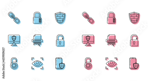 Set line Safe combination lock wheel, Eye scan, Chain link, Smartphone with security shield, Paper shredder confidential, Open padlock, Computer monitor and and icon. Vector