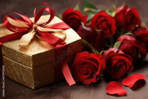 gift and red roses for valentine's day