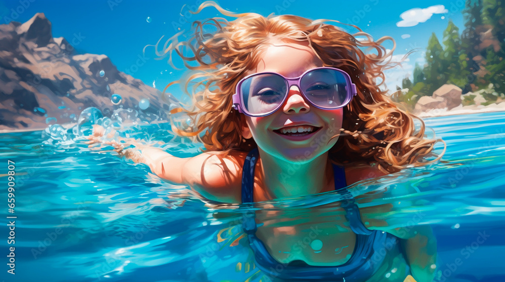 A child in sunglasses swims in the sea. Generative AI. A child in sunglasses swims in the sea. Generative AI.