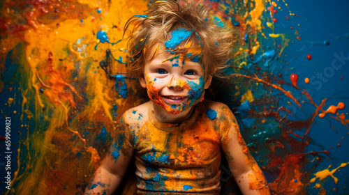 The child got dirty with paints. Generative AI.