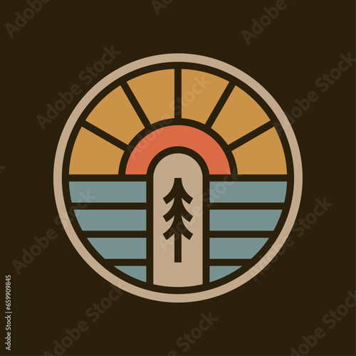 Mountain outdoor adventure circle emblem badge illustration