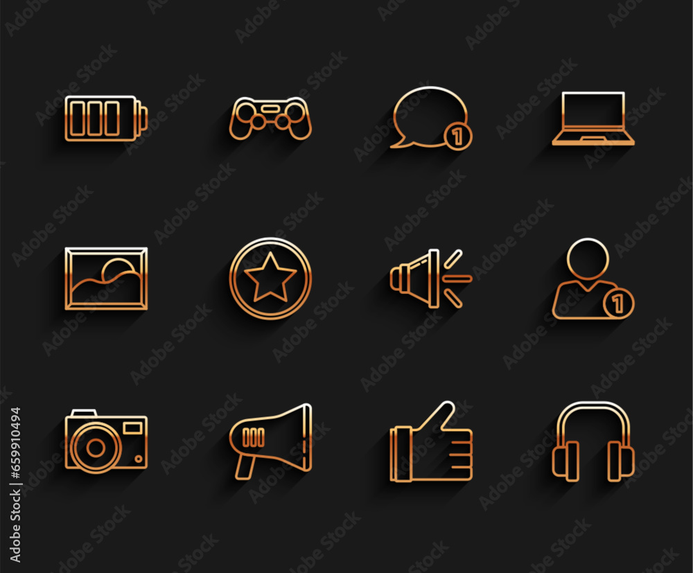 Set line Photo camera, Megaphone, Battery charge level indicator, Hand like, Headphones, Star, Add friend and Speaker volume icon. Vector Set line Photo camera, Megaphone, Battery charge level indicator, Hand like, Headphones, Star, Add friend and Speaker volume icon. Vector