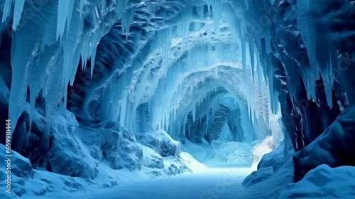 Foto Beautiful blue Ice cave with a tunnel to pass through it