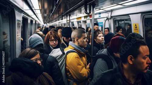 foule de personnes entassées dans un wagon de métro à l'heure de pointe photo
