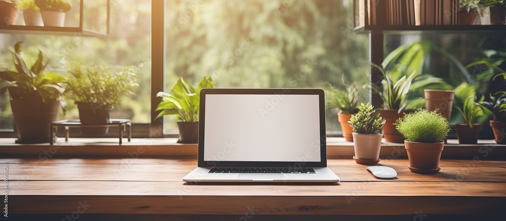 Computer screen mockup with a blank white screen on a wooden desk office background and room for text Computer screen mockup with a blank white screen on a wooden desk office background and room for text