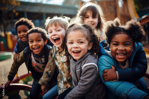 A diverse group of children, various abilities and backgrounds, play joyfully on an inclusive playground, celebrating unity, laughter, and acceptance photo