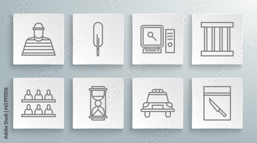 Set line Jurors, Feather pen, Old hourglass with sand, Police car flasher, Evidence bag knife, Search on computer screen, Prison window and Prisoner icon. Vector