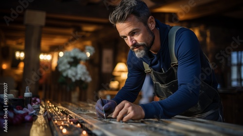 A middle-aged carpenter marks a product and prepares it for processing. Caucasian furniture designer is engaged in creative work in a loft studio. A young handsome craftsman works in a cozy workshop.