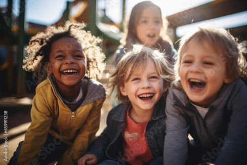 A diverse group of children, various abilities and backgrounds, play joyfully on an inclusive playground, celebrating unity, laughter, and acceptance