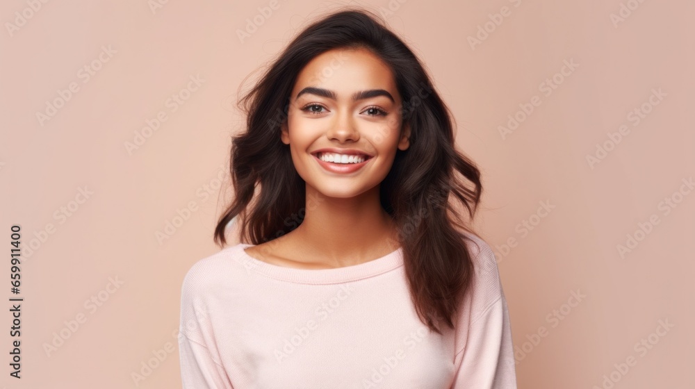 A joyful teen girl radiates happiness against a soft studio backdrop. A joyful teen girl radiates happiness against a soft studio backdrop.