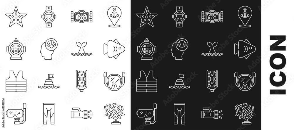 Set line Coral, Diving mask, Fish, Photo camera, Scallop sea shell, Aqualung, Starfish and Whale tail ocean wave icon. Vector