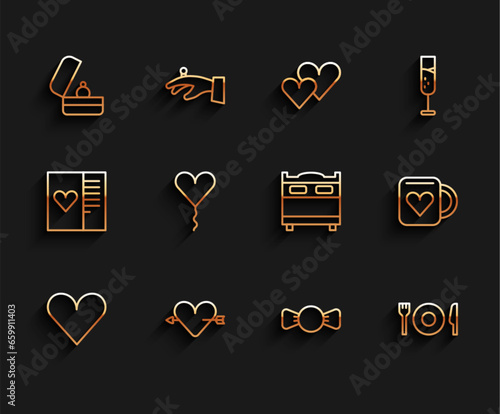 Set line Heart, Amour with heart and arrow, Wedding rings, Bow tie, Plate, fork knife, Balloon form of, Coffee cup and Bedroom icon. Vector