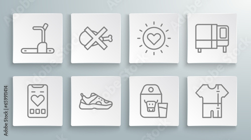 Set line Mobile with heart rate, No meat, Sport sneakers, Paper package for milk, track suit, Sun, Bed and Treadmill machine icon. Vector
