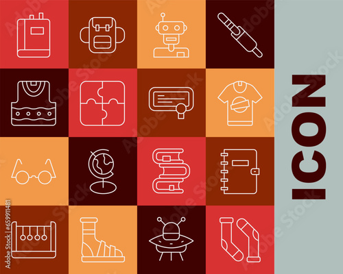 Set line Socks, Spiral notebook, T-shirt, Robot, Piece of puzzle, Waistcoat, Book and Certificate template icon. Vector