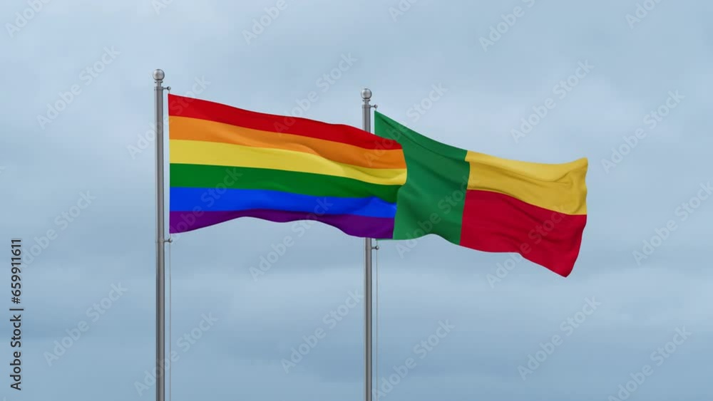 LGBT movement also Gay Pride flag and Benin flag waving together on cloudy sky, endless seamless loop LGBT movement also Gay Pride flag and Benin flag waving together on cloudy sky, endless seamless loop