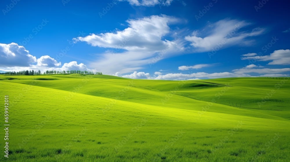 Beautiful green valley during the summer. Green summer field with white clouds on a sunny day. Nature composition. Beautiful natural wildlife landscape. .