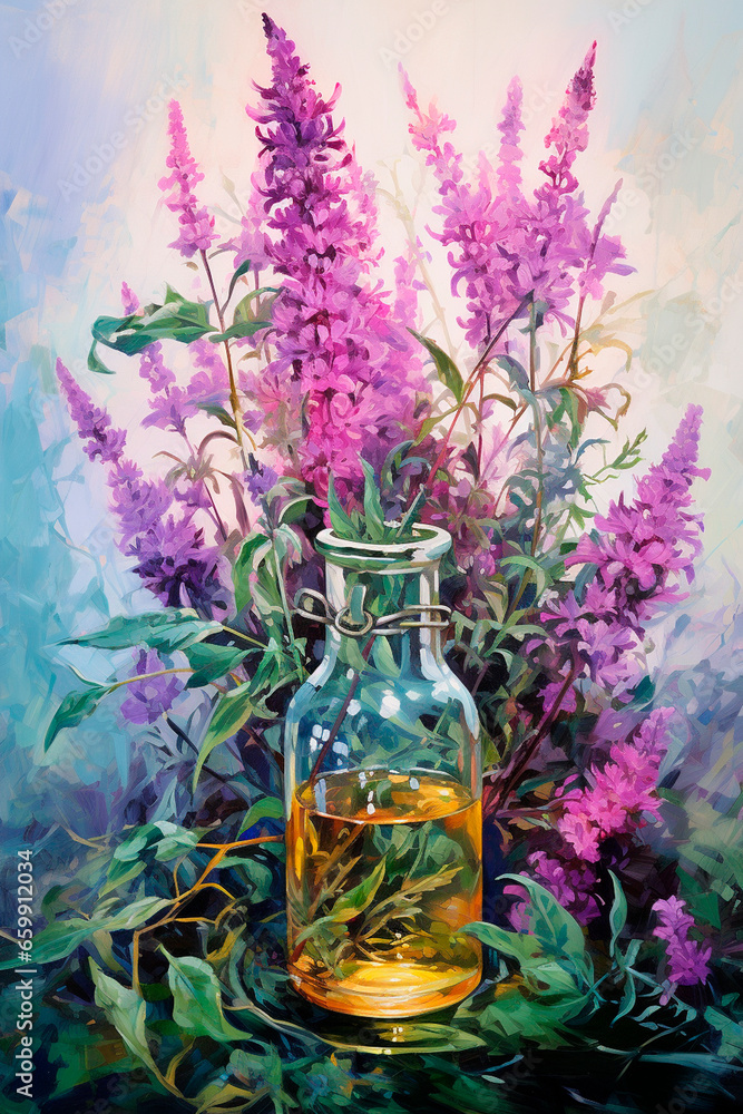 Tincture of herbs and flowers in a bottle. Generative AI. Tincture of herbs and flowers in a bottle. Generative AI.