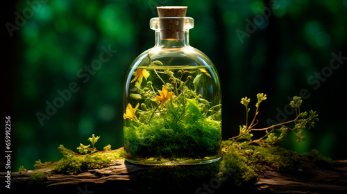 Tincture of herbs and flowers in a bottle. Generative AI. photo