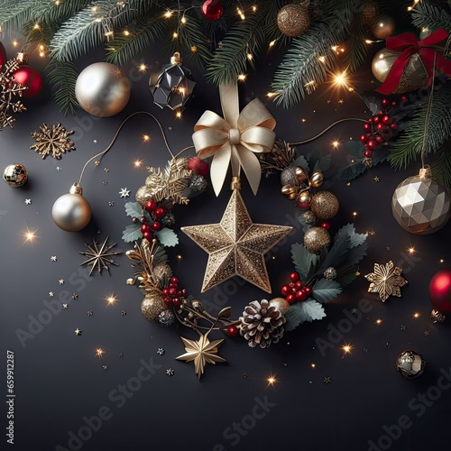 christmas background with baubles and snowflakes