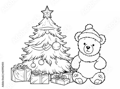 Black and white cute brown bear in Santa Claus costume. Educational printable coloring worksheet. Winter Christmas theme coloring book page activity for kids and adults. 