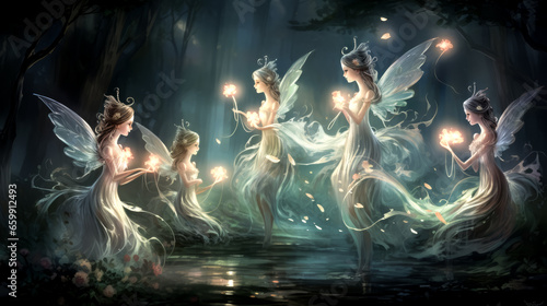 A flock of glowing fairies encircle two individuals in a whimsical forest setting, creating a magical and enchanting scene.