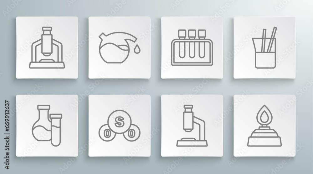 Set line Test tube, Sulfur dioxide SO2, Microscope, Alcohol or spirit burner, Laboratory glassware and icon. Vector Set line Test tube, Sulfur dioxide SO2, Microscope, Alcohol or spirit burner, Laboratory glassware and icon. Vector