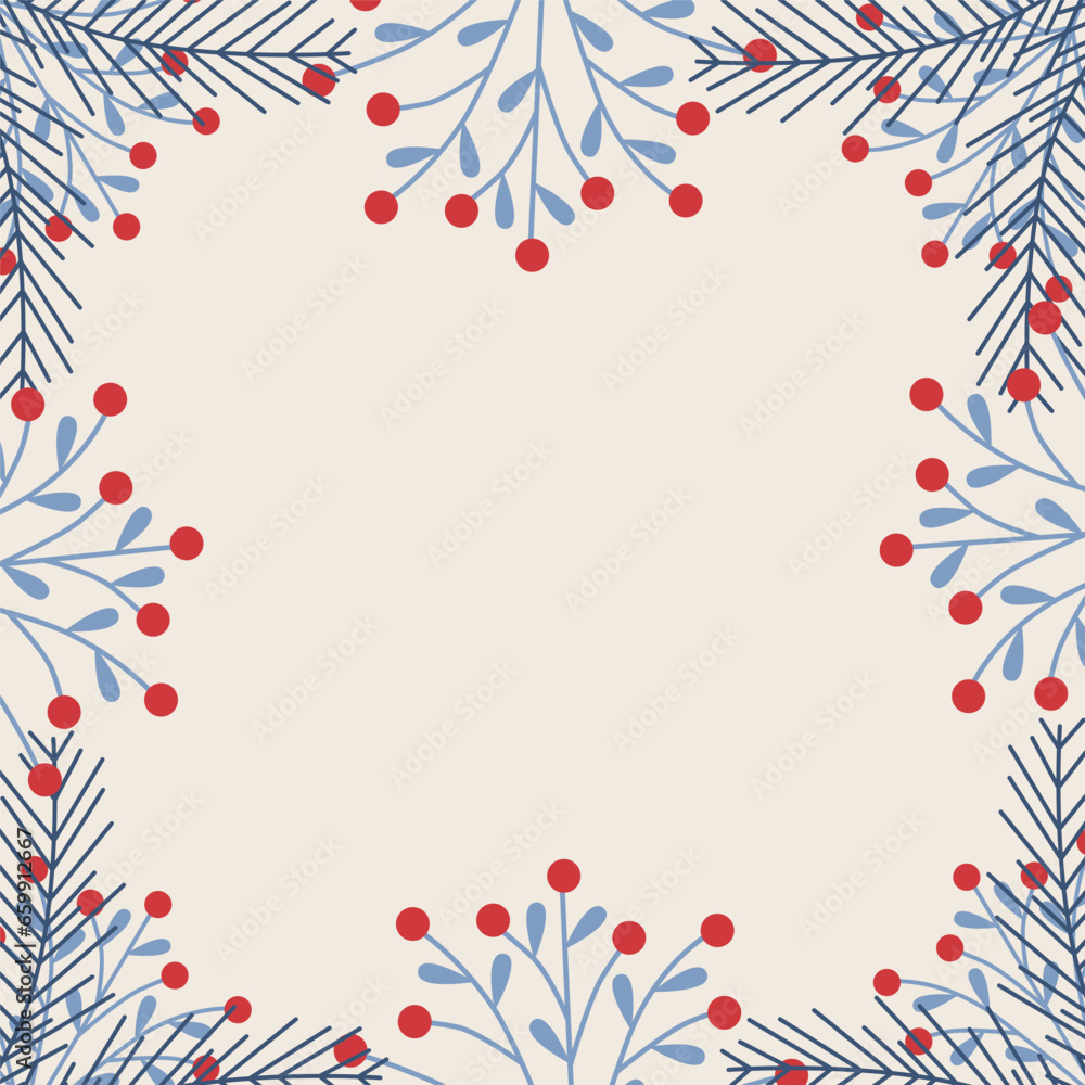 Fototapeta premium Winter template with plants and berries. Combination of blue and red colors on a beige background