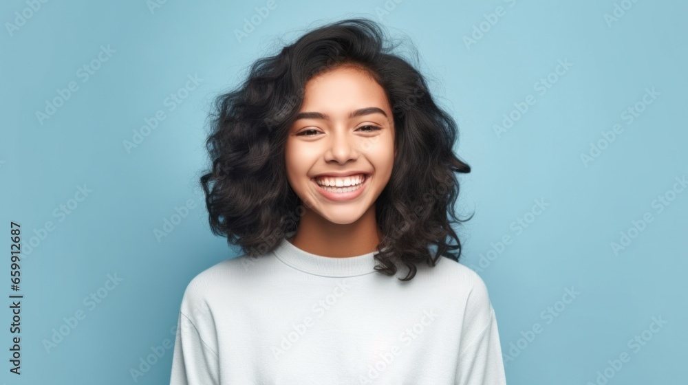 A radiant and carefree girl captures the essence of youth and happiness against a simple studio canvas. A radiant and carefree girl captures the essence of youth and happiness against a simple studio canvas.