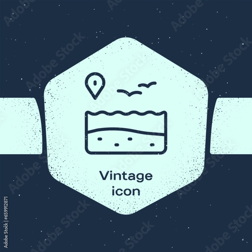 Grunge line Location with beach icon isolated on blue background. Tropical beach landscape. Good sunny day. Monochrome vintage drawing. Vector