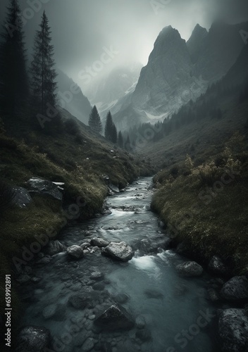a misty scene of a alpine mountain stream  atmospheric and moody river landscape in the mountains  serene pastoral image in swiss alps style
